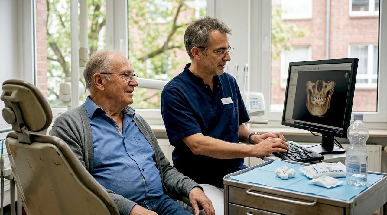Der Patient verschafft sich am Bildschirm einen Eindruck vom 3D-Modell, das für die Planung der Implantatbehandlung genutzt wird.