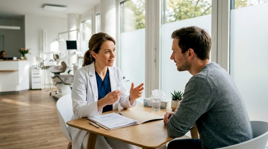 Zahnarzt berät Patientin zum Ablauf einer Aligner-Behandlung