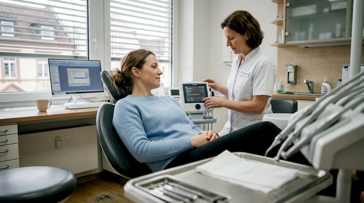 Der Patient sitzt entspannt im Behandlungsstuhl und lässt die Behandlung ruhig über sich ergehen.