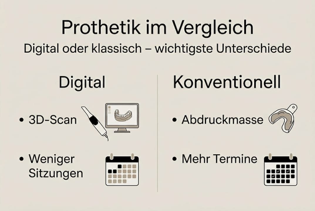 Infografik: Ein Vergleich zwischen digitaler und klassischer Prothetik – Alle wichtigen Unterschiede auf einen Blick