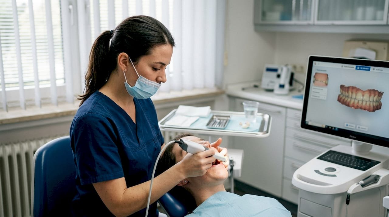 Eine zahnmedizinische Fachangestellte fertigt mithilfe eines Intraoralscanners digitale Aufnahmen vom Gebiss eines Patienten an.