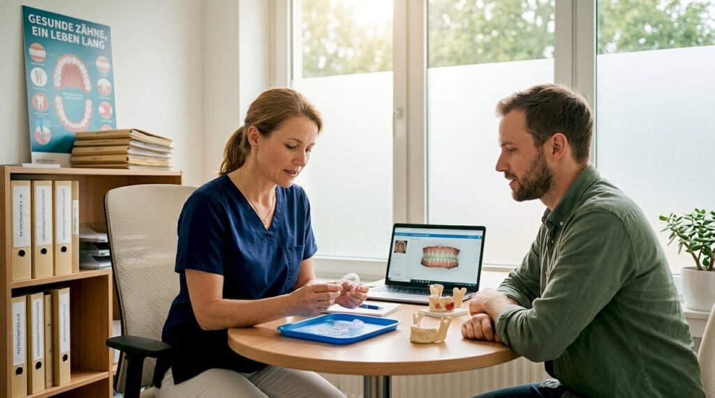 Während des Beratungsgesprächs erklärt der Zahnarzt anschaulich, wie die Aligner funktionieren und zeigt sie dem Patienten.