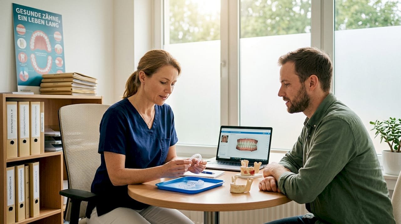 Während des Beratungsgesprächs erklärt der Zahnarzt anschaulich, wie die Aligner funktionieren und zeigt sie dem Patienten.