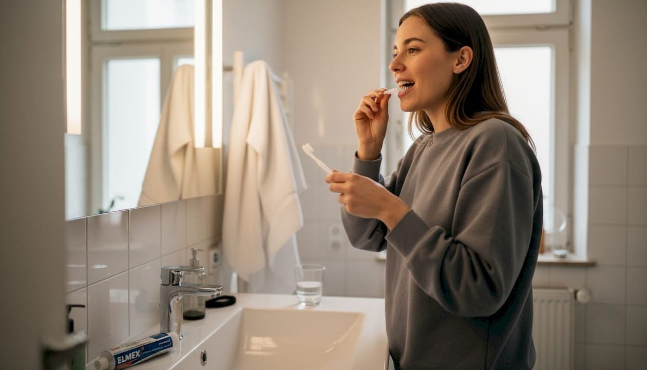 Eine Frau bereitet sich darauf vor, ihre Zahnschiene zuhause einzusetzen.