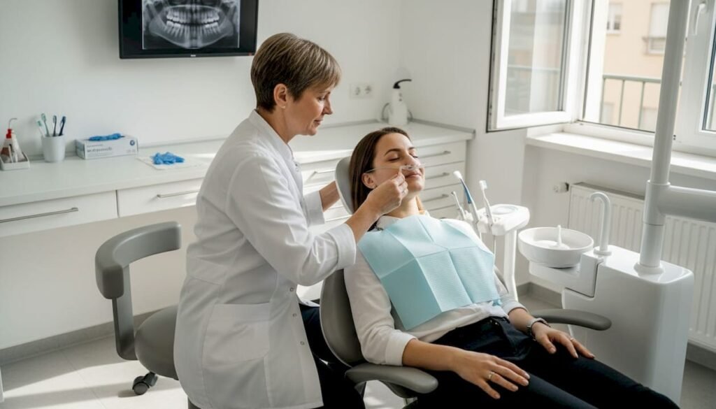 Ein Zahnarzt bereitet einen sedierten Patienten auf die Behandlung in der Praxis vor.