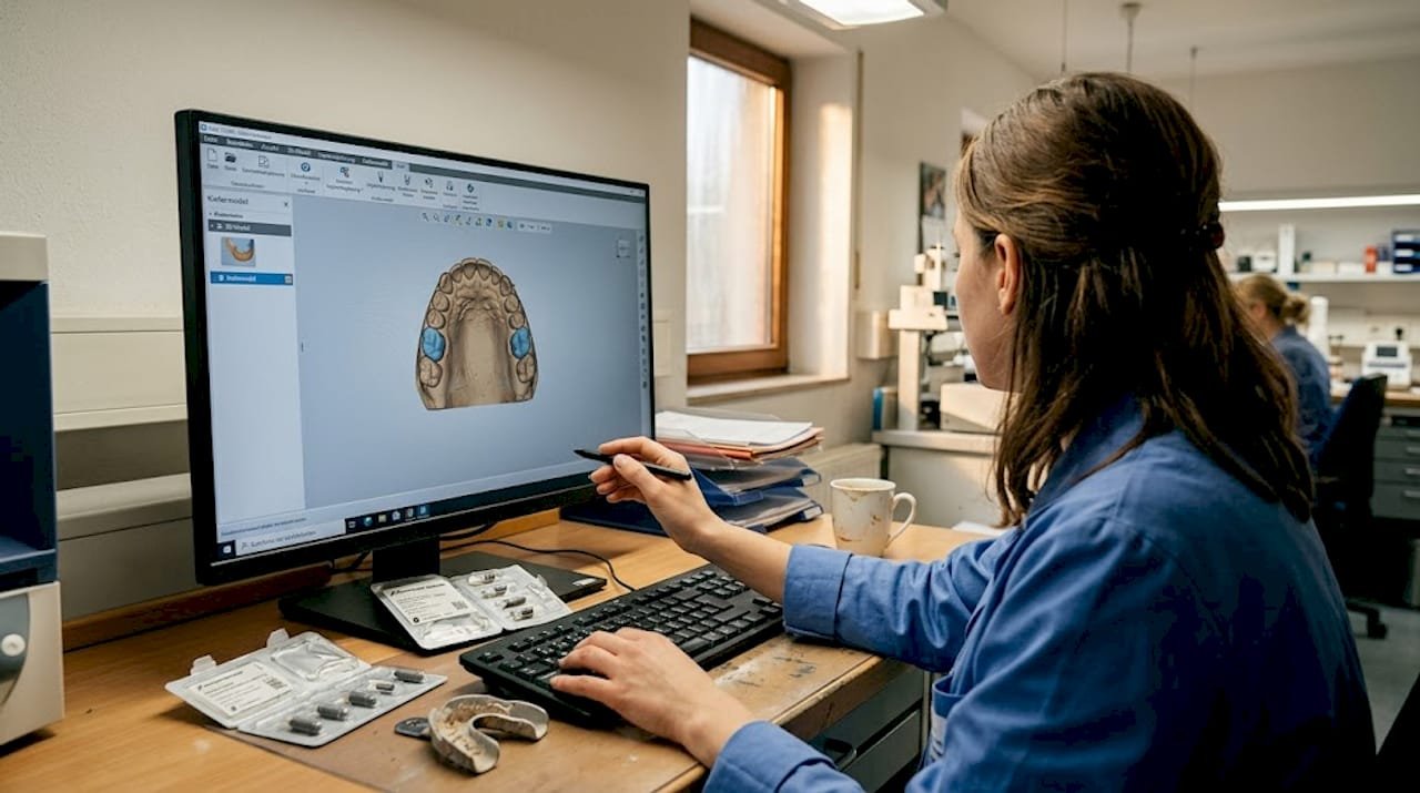 Ein Zahntechniker erstellt am Computer eine 3D-Planung für den Kiefer.