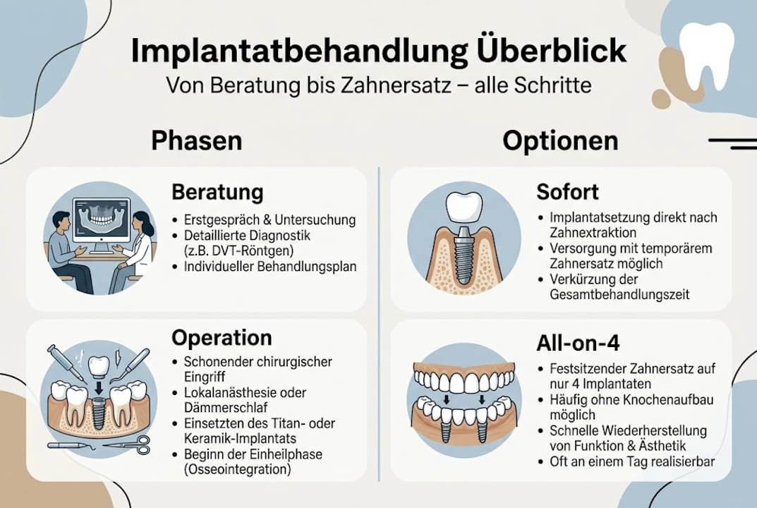 Die Infografik veranschaulicht die einzelnen Schritte einer Implantatbehandlung sowie die verschiedenen Möglichkeiten, die Patienten dabei haben.