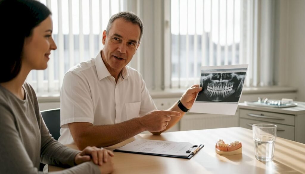 Im Beratungsgespräch informiert der Zahnarzt seine Patientin oder seinen Patienten ausführlich über die Möglichkeiten und den Ablauf von Zahnimplantaten.