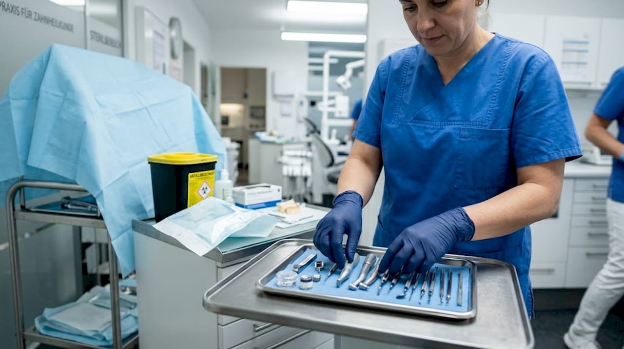 Die zahnmedizinische Fachangestellte legt die Instrumente für das Implantat bereit.