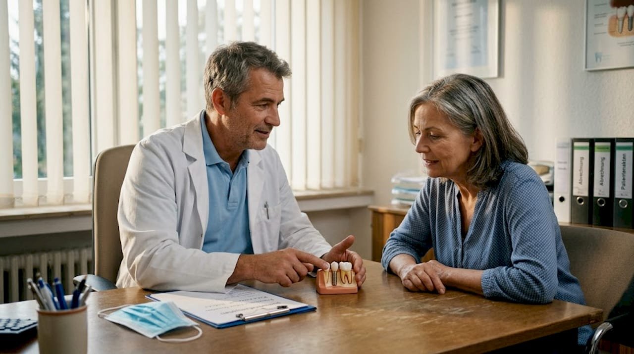 Eine Patientin lässt sich von ihrem Zahnarzt ausführlich über verschiedene Zahnimplantat-Modelle beraten.