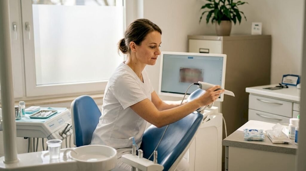 Eine zahnmedizinische Fachangestellte hält einen Intraoralscanner in der Zahnarztpraxis.