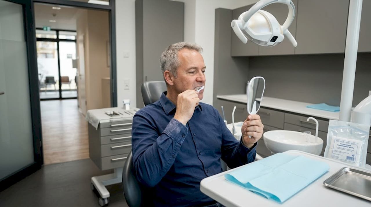 Eine Patientin macht sich im Behandlungsstuhl für die bevorstehende Zahnaufnahme bereit.