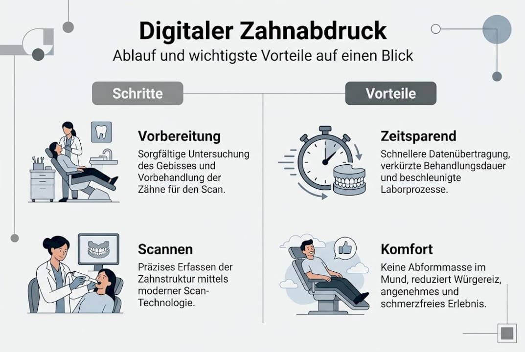 Eine anschauliche Infografik veranschaulicht, wie der digitale Zahnabdruck abläuft und welche Vorteile diese moderne Methode bietet.