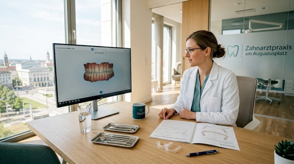 Im Gespräch erklärt die Zahnärztin dem Patienten, wie eine Behandlung mit Alignern abläuft und welche Vorteile sie bietet.