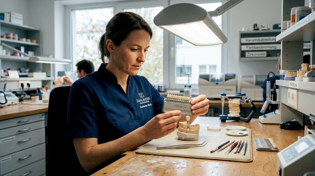Eine Zahntechnikerin begutachtet hochwertige Keramikimplantate auf ihre Ästhetik.