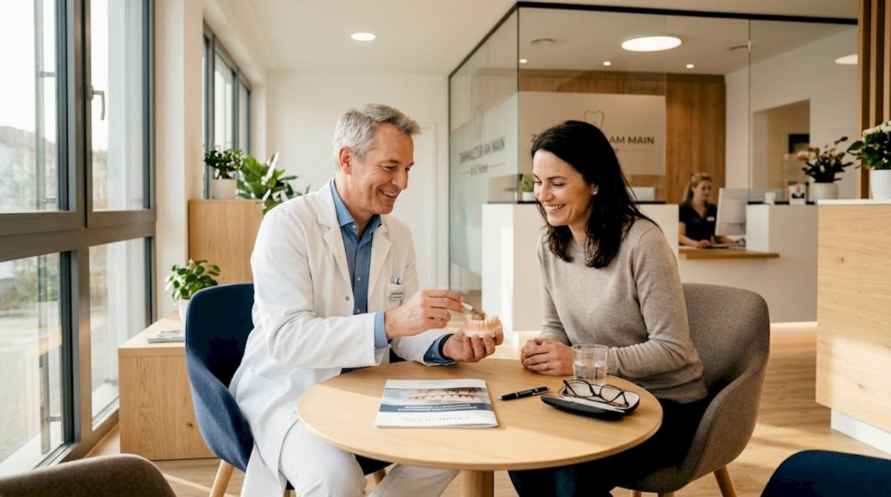Der Zahnarzt erklärt seiner Patientin anschaulich mithilfe eines Implantatmodells die geplante Behandlung.
