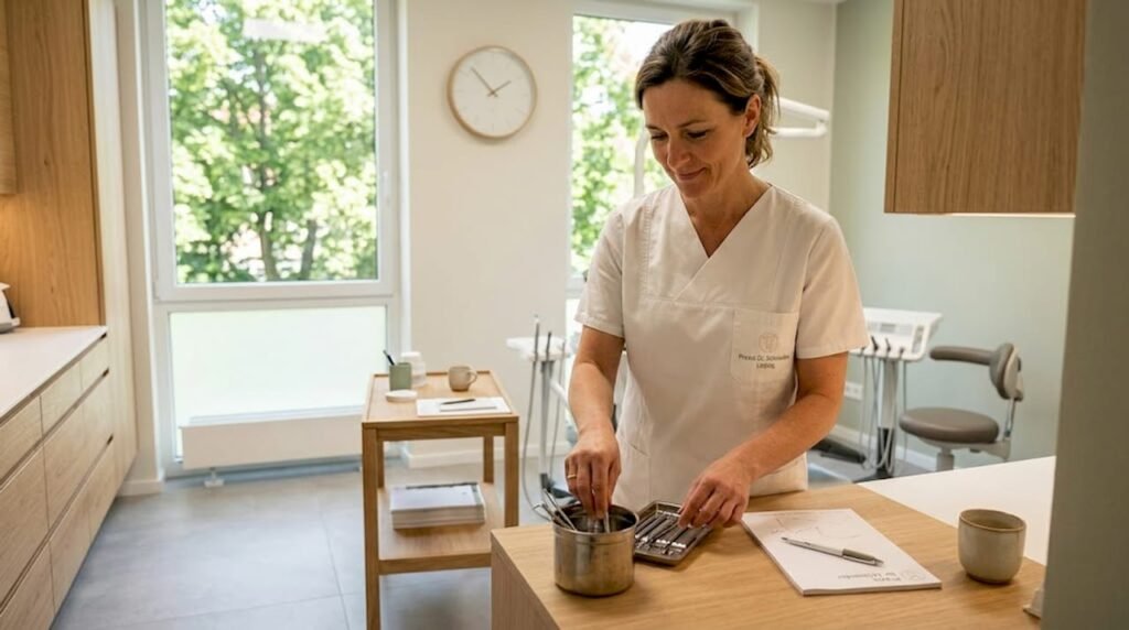 Die Zahnärztin richtet die Instrumente für die nächste Behandlung im Behandlungszimmer her.