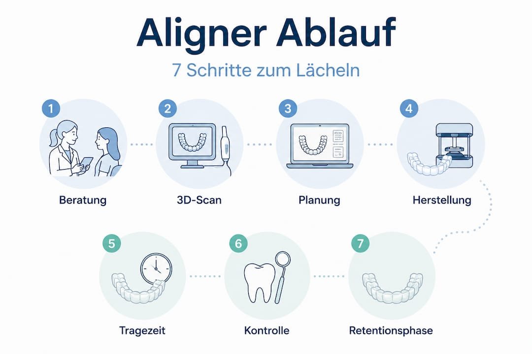 Die Infografik veranschaulicht die sieben Schritte einer Aligner-Therapie auf einen Blick.