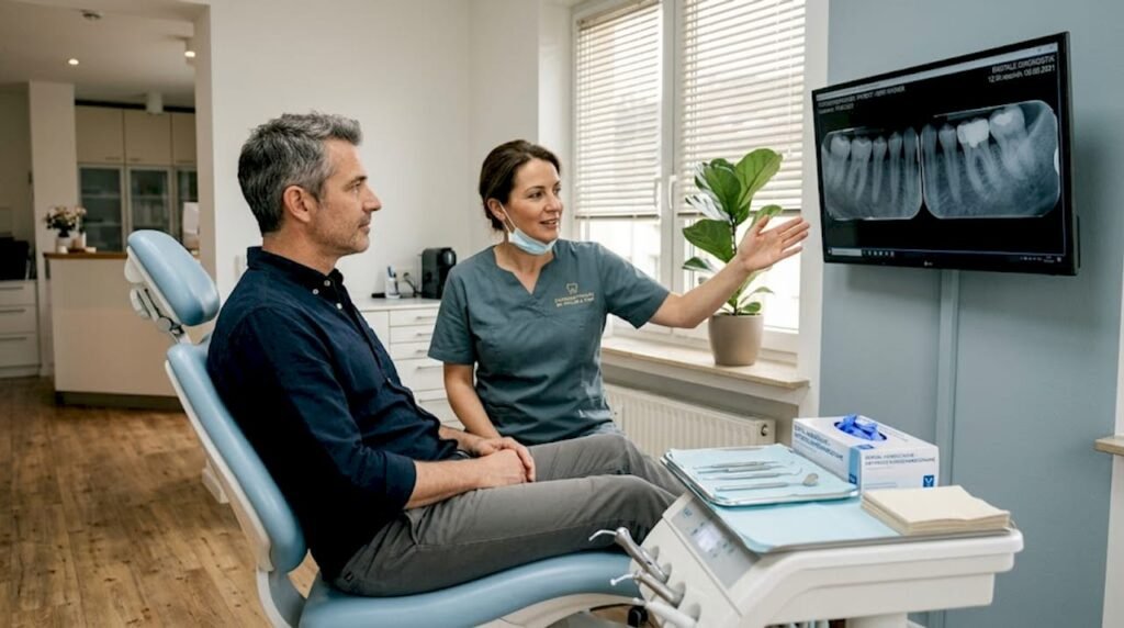 Ein Patient und sein Zahnarzt während einer Behandlung in einer modernen Praxis.