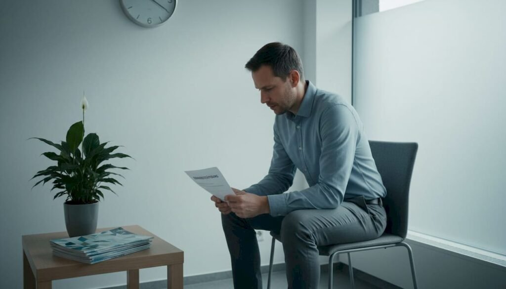 Ein Mann sitzt im Wartezimmer beim Zahnarzt und wirkt gedankenversunken.