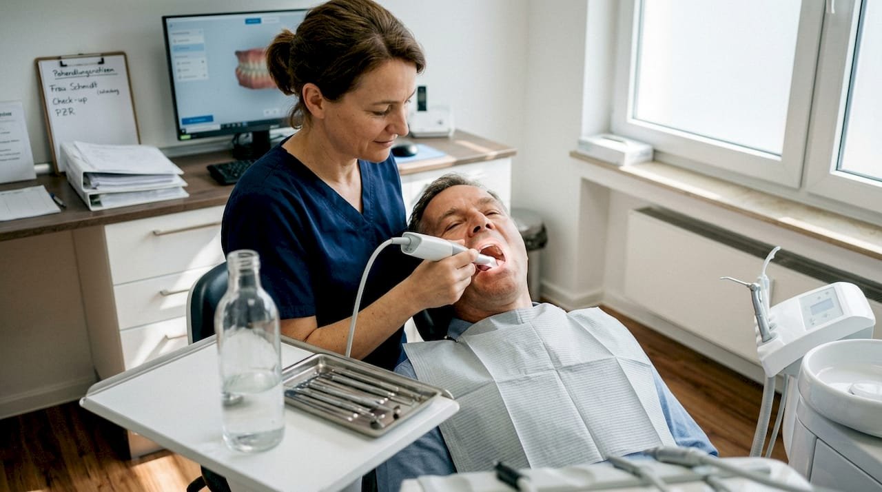 Die Zahnärztin erfasst die Zähne ihrer Patientin mit einem modernen Intraoralscanner.