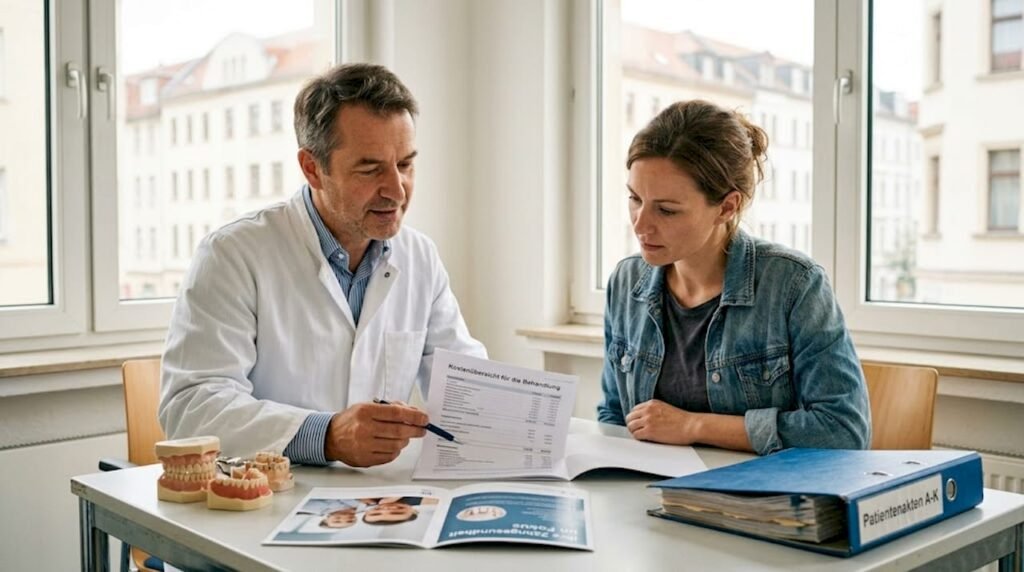 Im Beratungsgespräch informiert der Zahnarzt seine Patienten ausführlich über die anfallenden Kosten für Zahnersatz.