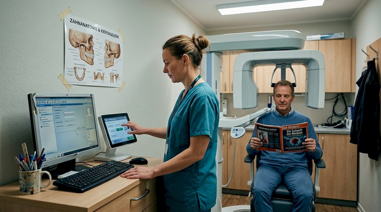 Ein Zahntechniker bereitet den Scan des Kieferknochens vor.