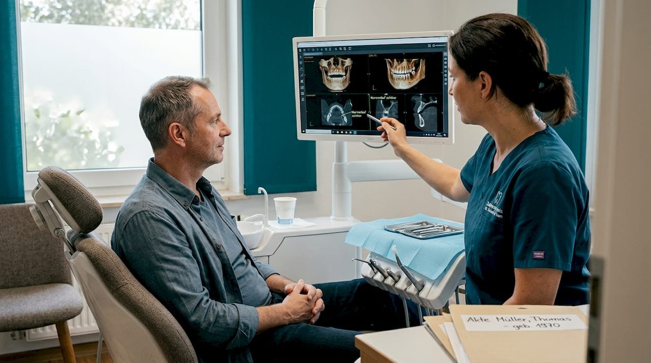 Der Zahnarzt bespricht die Ergebnisse des Implantat-Scans gemeinsam mit dem Patienten.