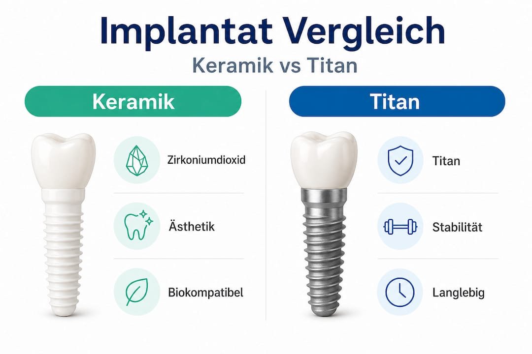 Infografik: Keramikimplantate und Titanimplantate im direkten Vergleich