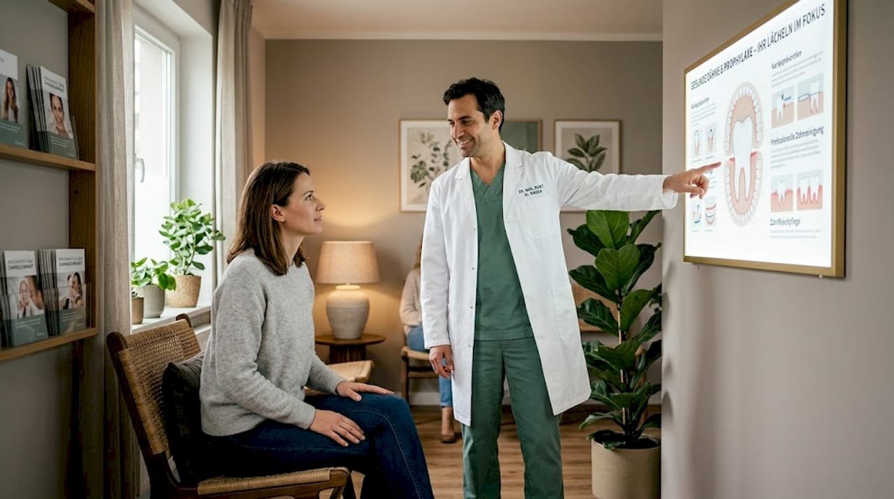 Der Zahnarzt bespricht mit dem Patienten in Ruhe die verschiedenen Behandlungsmöglichkeiten.
