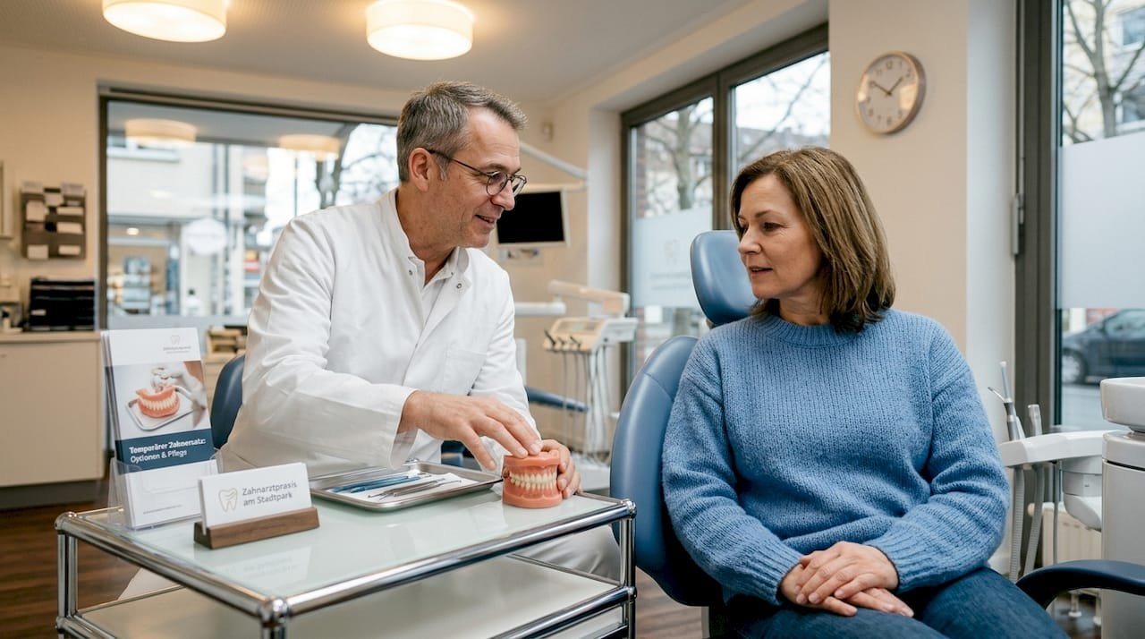 Der Zahnarzt bespricht mit dem Patienten, welche Möglichkeiten es für einen provisorischen Zahnersatz gibt.