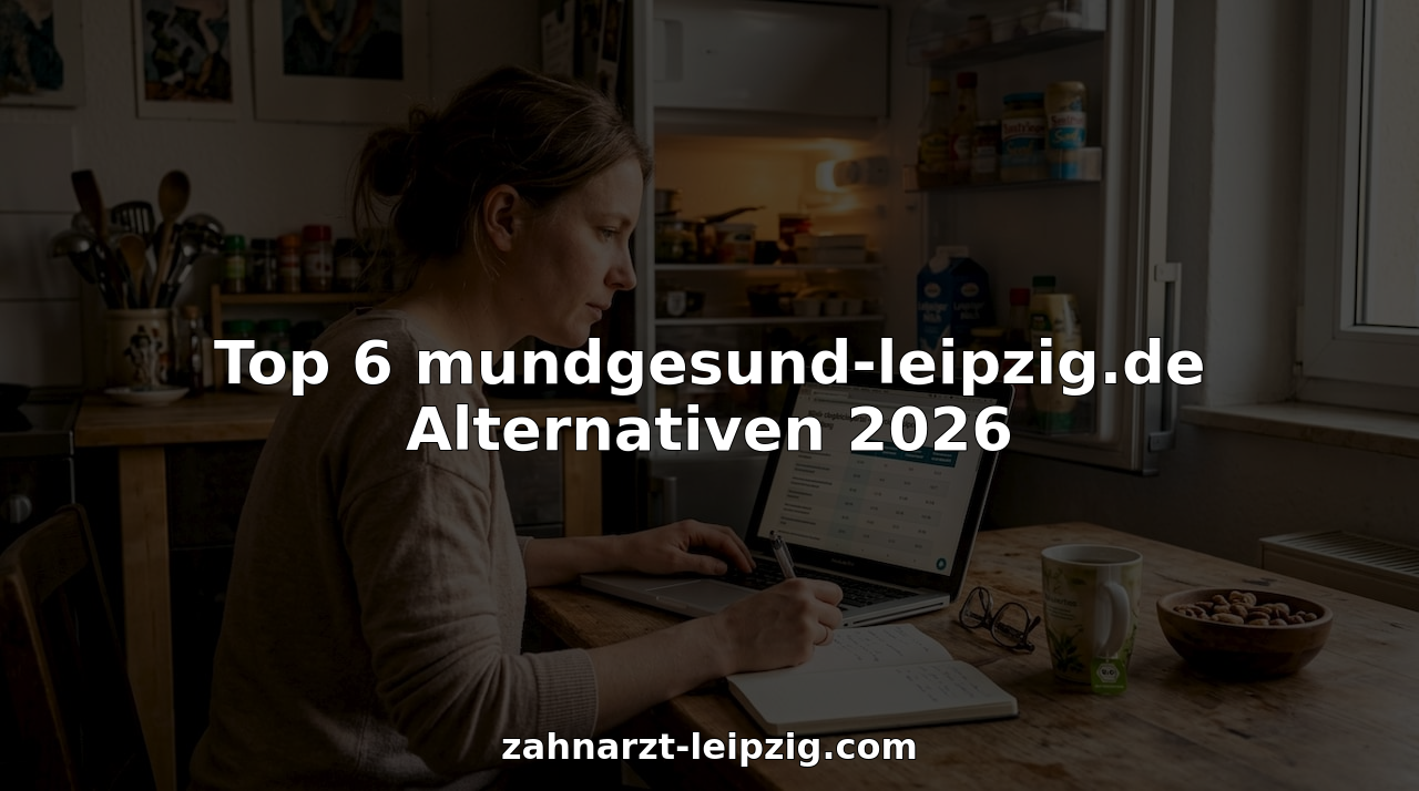 Eine Frau sitzt am Küchentisch und informiert sich online über Zahnarztpraxen in Leipzig.