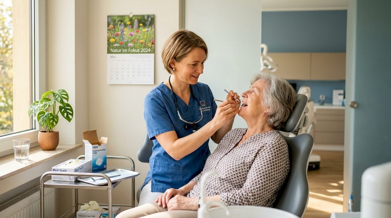 Die Zahnärztin kontrolliert, ob die Prothese bei ihrer Patientin richtig sitzt.