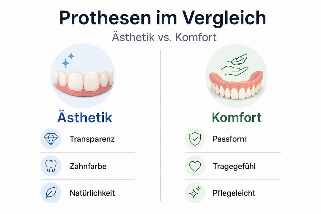 Eine Infografik zeigt, wie sich Prothesen in puncto Aussehen und Tragekomfort unterscheiden.