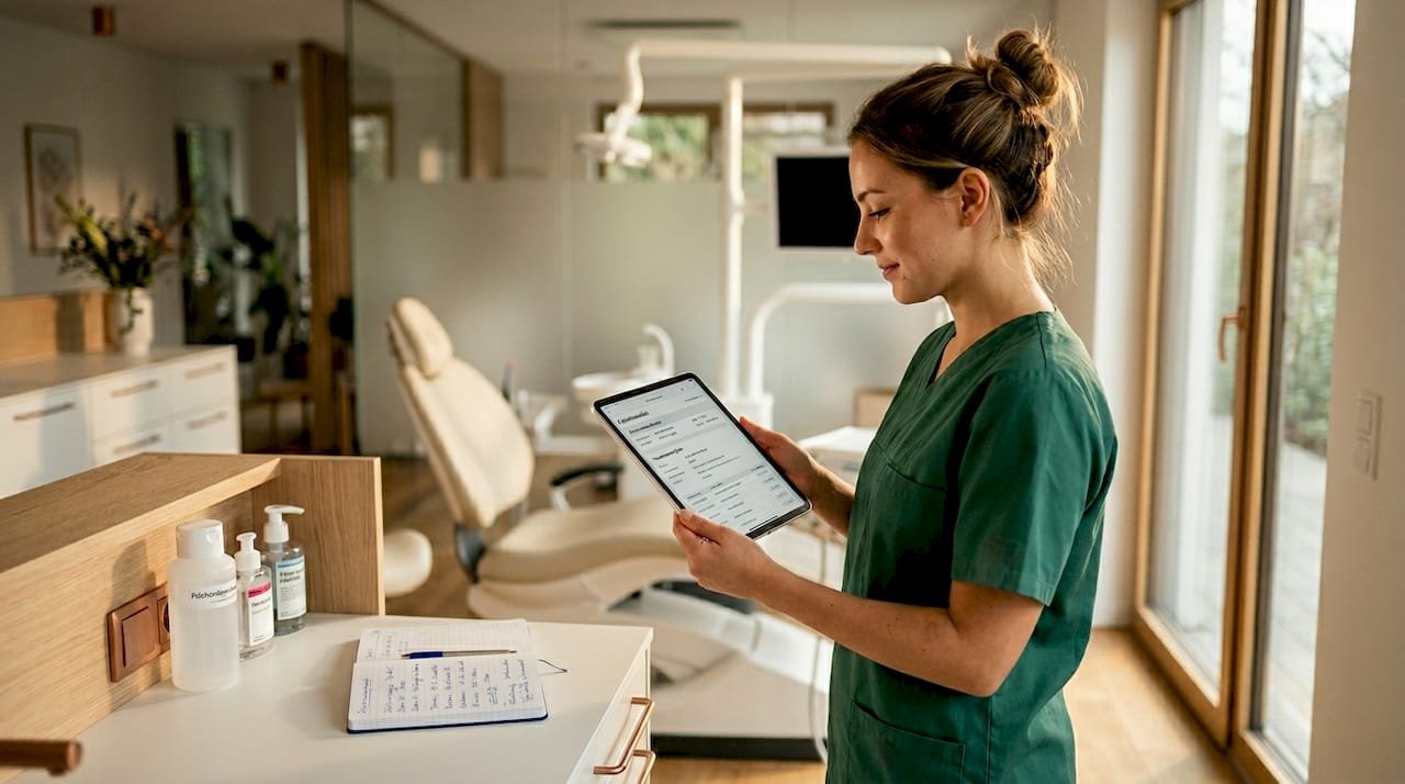 Eine zahnmedizinische Fachangestellte überprüft die digitalen Unterlagen der Patienten.