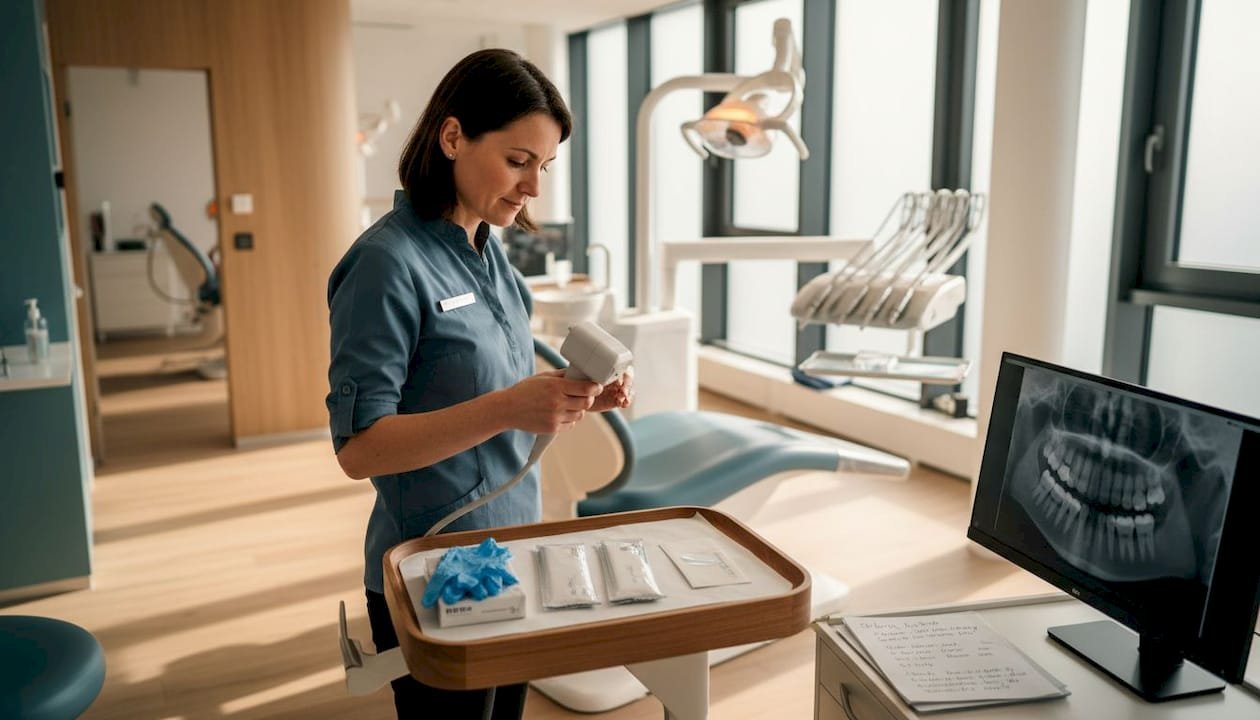 Eine Assistentin bringt den digitalen Röntgensensor in Position und richtet ihn am Patienten aus.