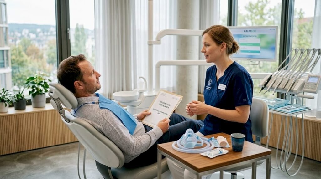 Der Zahnarzt erklärt seinem Patienten die Möglichkeiten einer Betäubung und bespricht gemeinsam mit ihm, welche Methode am besten geeignet ist.