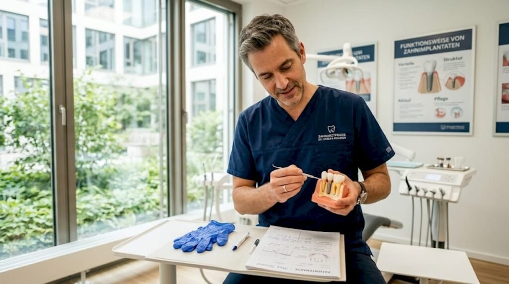 Der Zahnarzt zeigt anschaulich am Kiefermodell, wie ein Implantat eingesetzt wird.