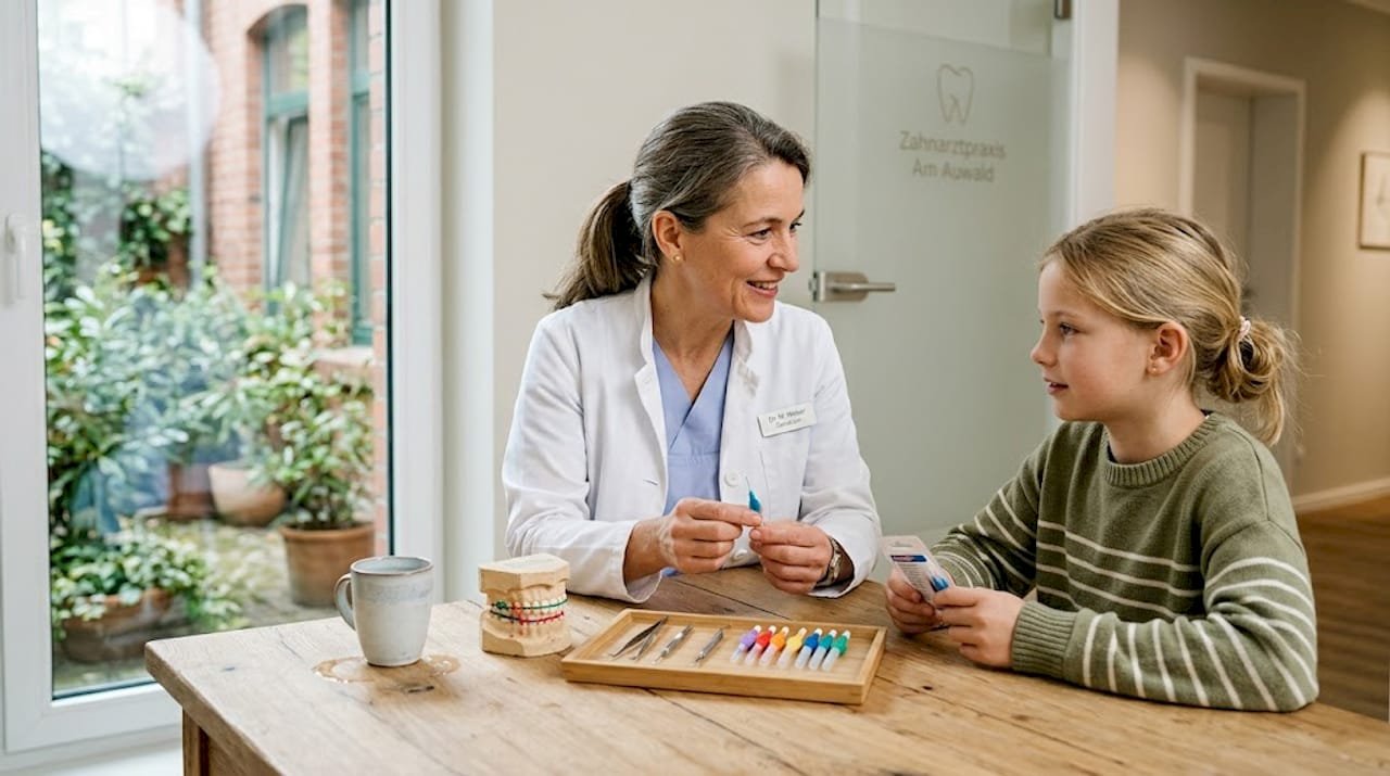Der Zahnarzt berät seine Patientin bei der Auswahl einer passenden Zahnbürste.