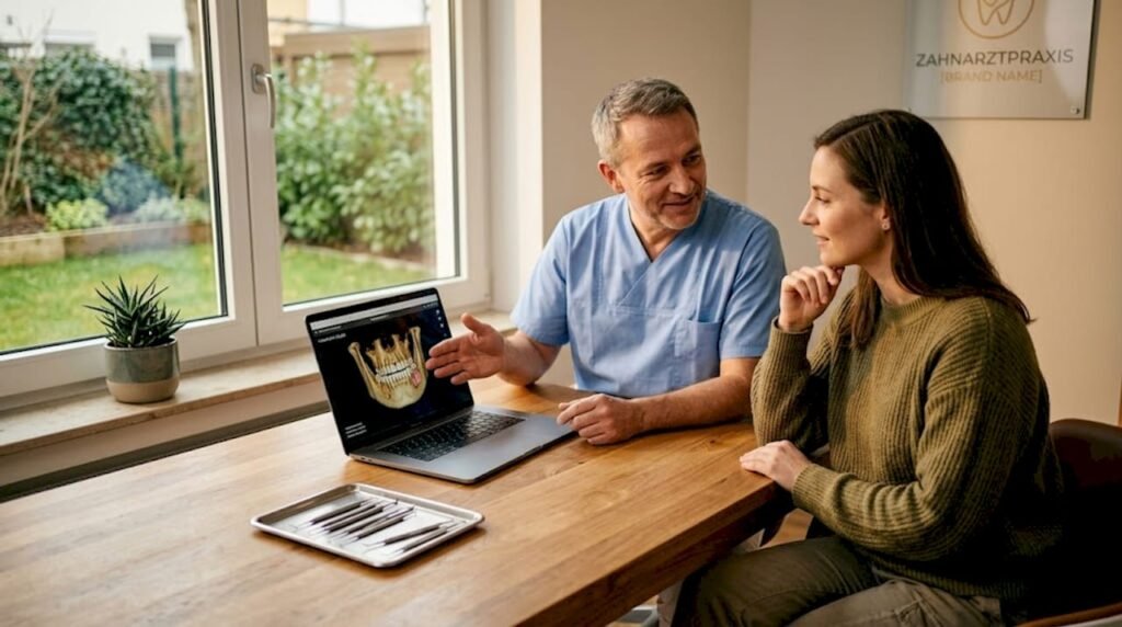Der Zahnarzt erklärt dem Patienten die Ergebnisse des Scans für das Keramikimplantat und bespricht die nächsten Schritte.