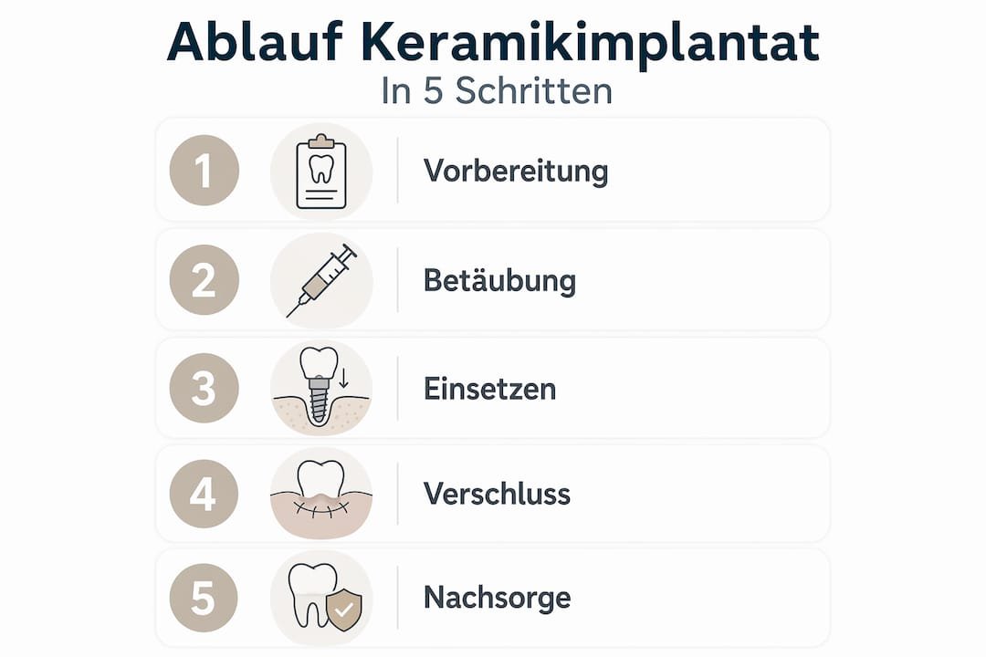 Die Infografik veranschaulicht Schritt für Schritt, wie ein Keramikimplantat eingesetzt wird.