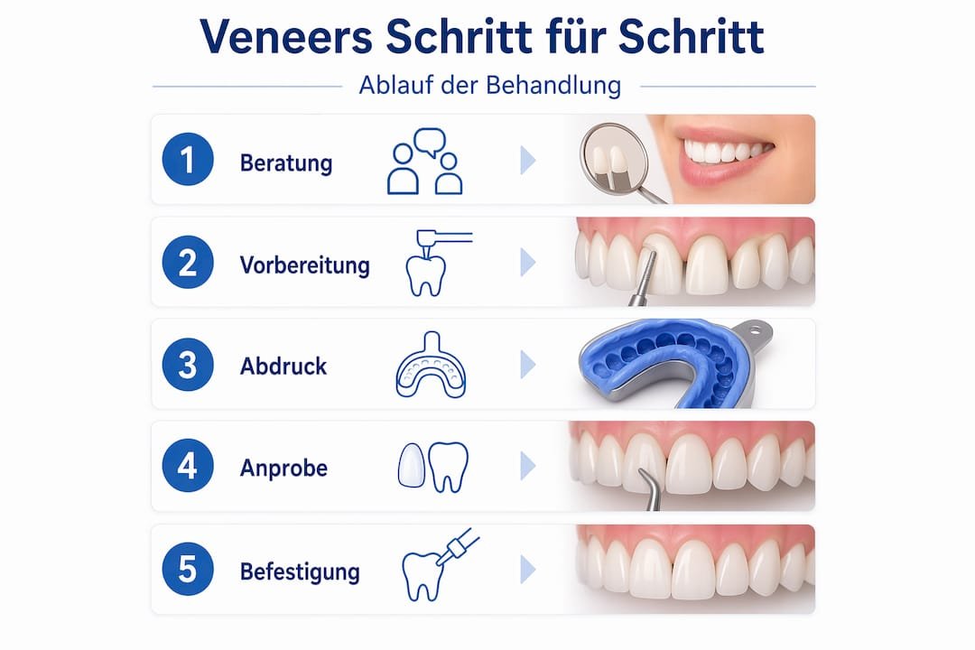 Die Infografik veranschaulicht Schritt für Schritt, wie Veneers eingesetzt werden.