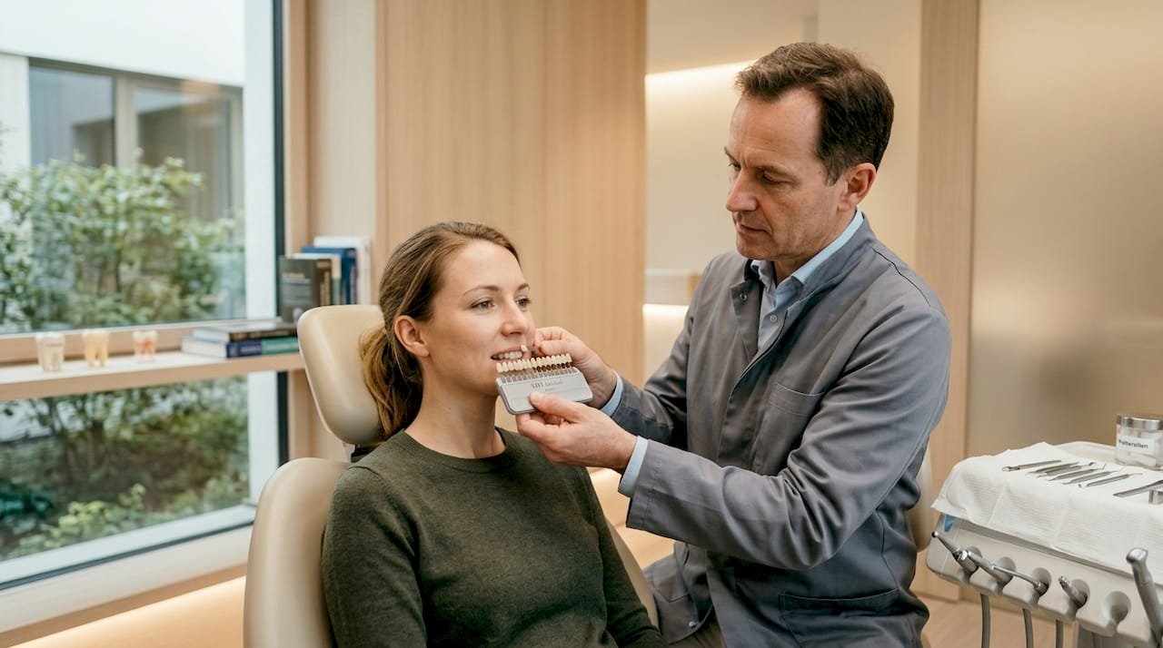 Der Zahnarzt bestimmt bei einer Patientin die genaue Zahnfarbe.