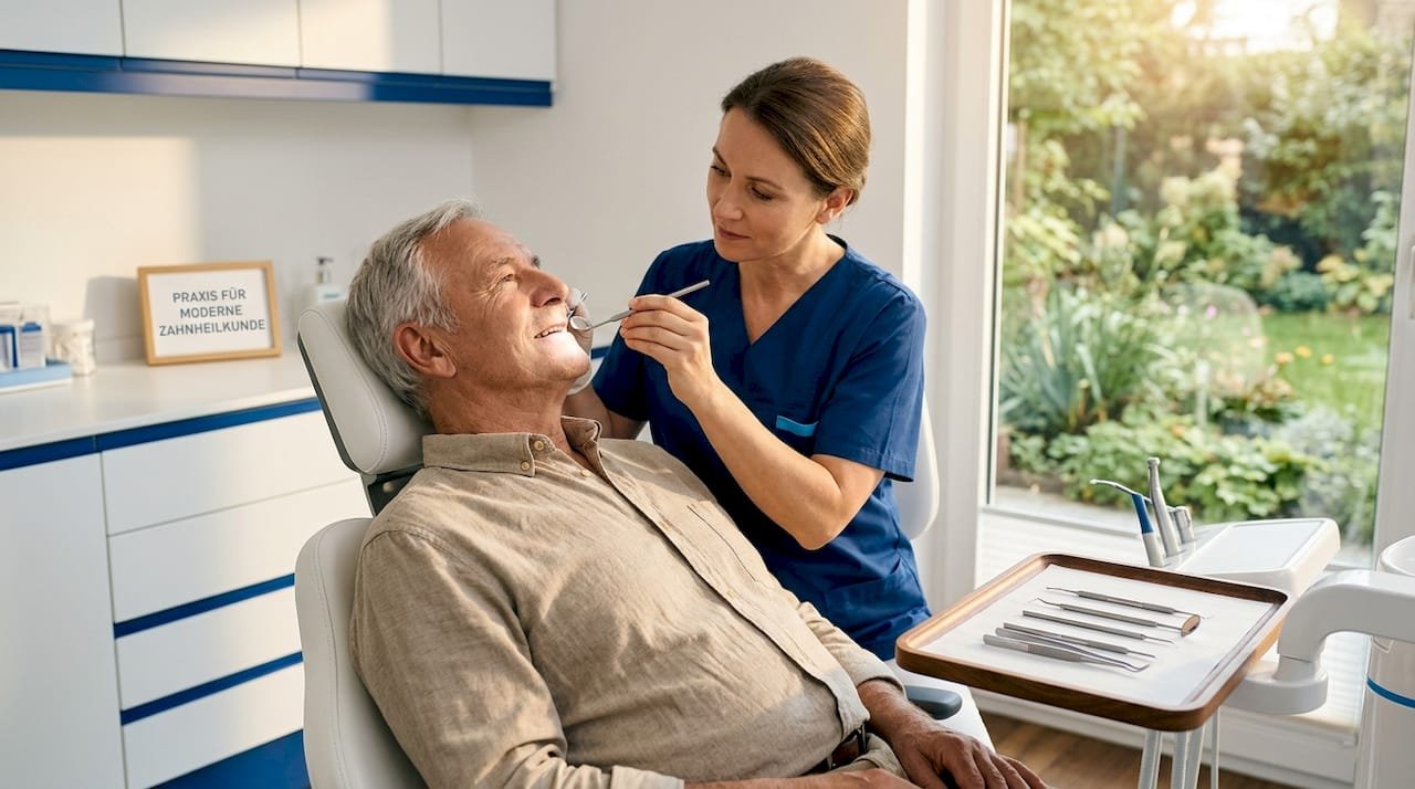 Ältere Patientin beim routinemäßigen Zahnarztbesuch