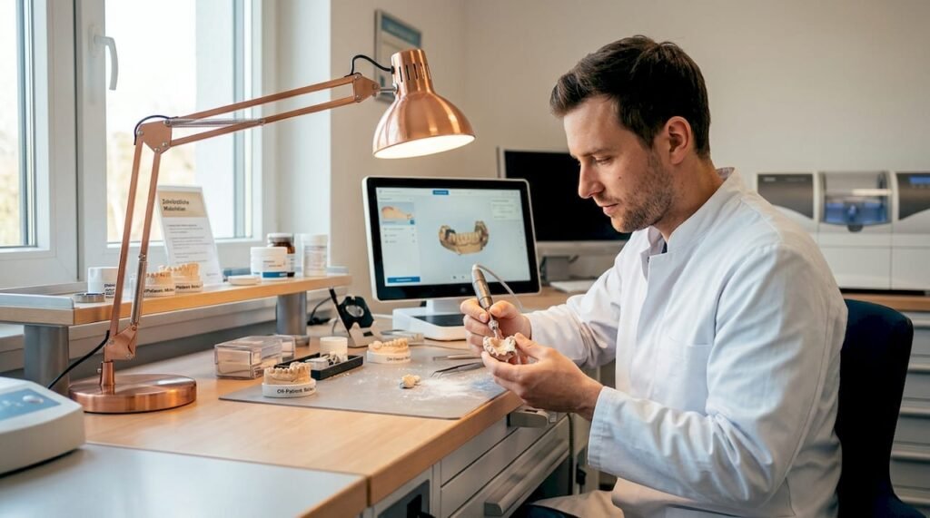 Ein Zahntechniker passt eine moderne Prothese präzise an.
