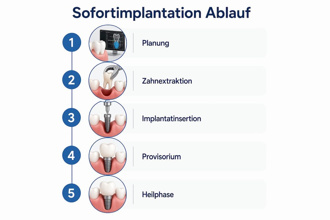 Die Infografik veranschaulicht anschaulich die einzelnen Schritte einer Sofortimplantation.