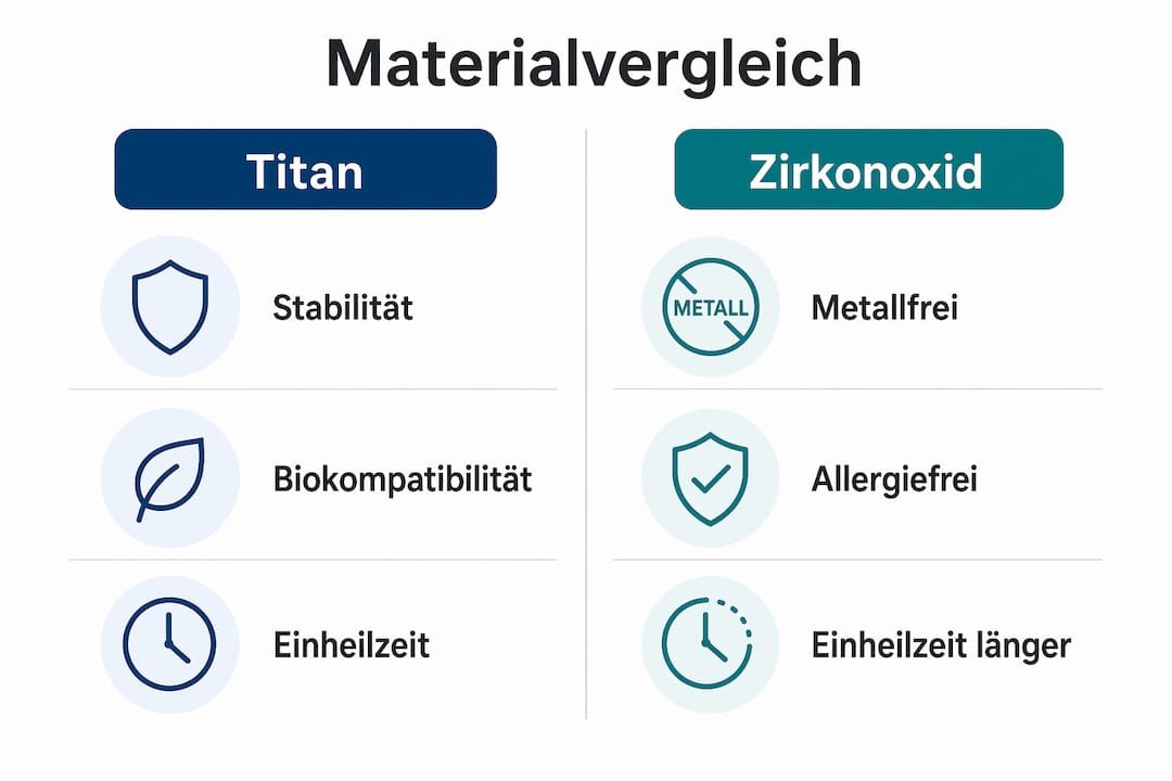 Vergleichsgrafik: Titan oder Zirkonoxid – welches Material eignet sich besser für Zahnimplantate?